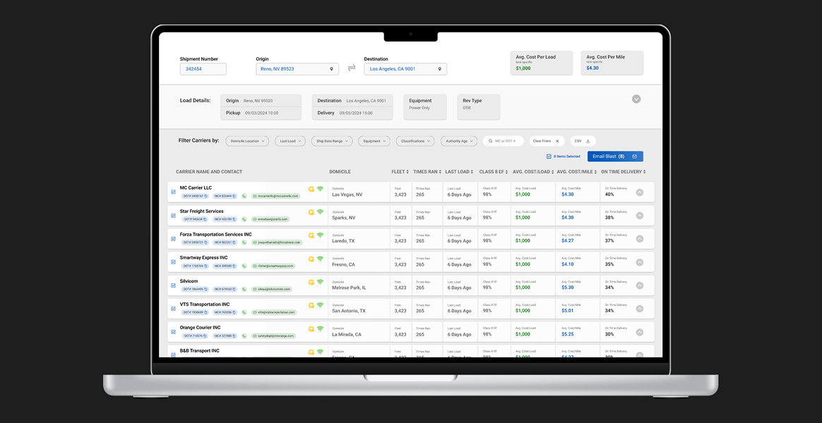 Carrier Sourcing Tool mockup